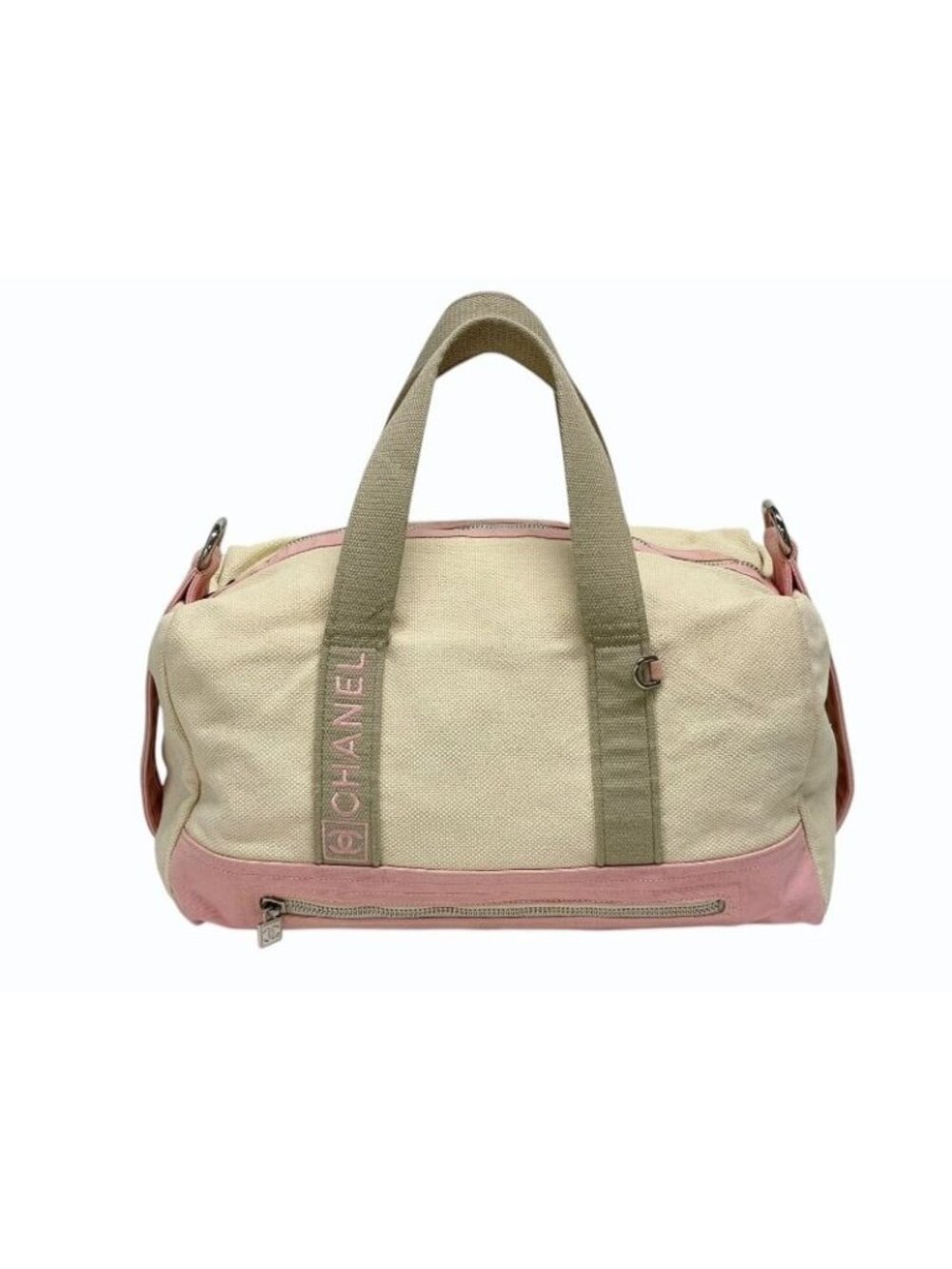 Chanel Sports Line Boston Bag CC Logo Canvas Ivory Pink Silver